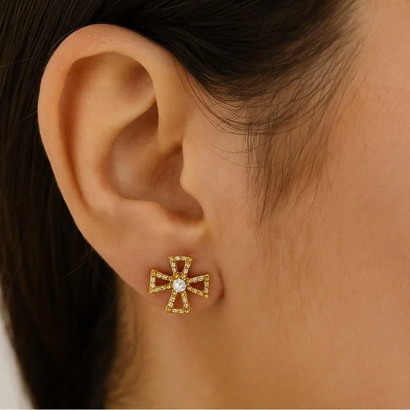 Anthropologie Gold Clover Stud Earrings with Intricate Design - Picture 1 of 5